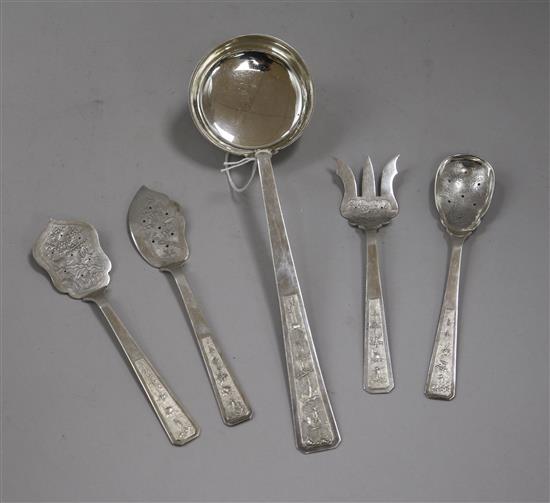 Five assorted Vietnamese white metal servers including a soup ladle.